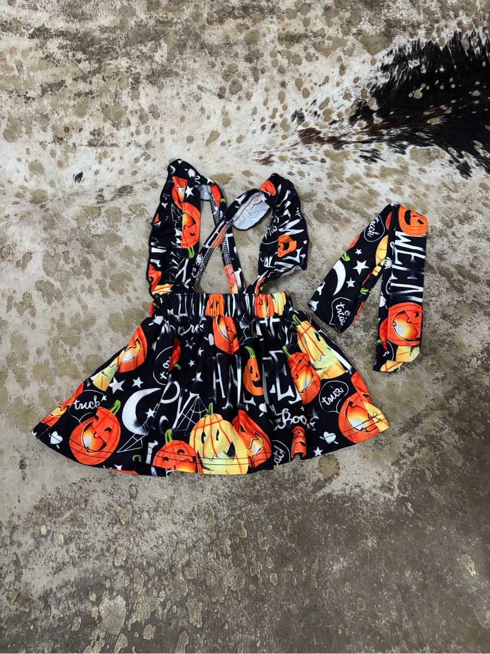 Halloween Pumpkin Print Black Girls' Dress with Headband